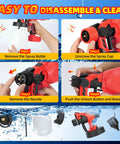 Pro Grade Cordless Paint Sprayer With Four Solid Copper Nozzles And A Bright Digital Display To Crush Any Home Reno Job Quick On 18v Tool Batteries Sold As Tool Only disassembled parts shown with cleaning steps.