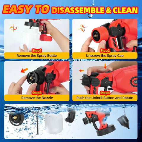 Pro Grade Cordless Paint Sprayer With Four Solid Copper Nozzles And A Bright Digital Display To Crush Any Home Reno Job Quick On 18v Tool Batteries Sold As Tool Only disassembled parts shown with cleaning steps.