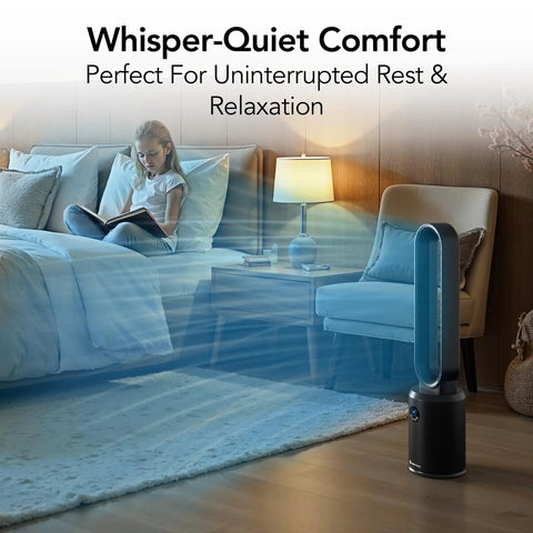 Bedroom setup with 40 Inch Bladeless Tower Fan For Bedroom With Remote Control near bed, showing quiet operation.