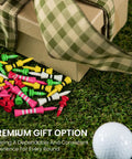 Wood Castle Golf Tees Set Mixed Colors, Step Down Training Tees in gift box on grass, high visibility, 100 pack for men and women.