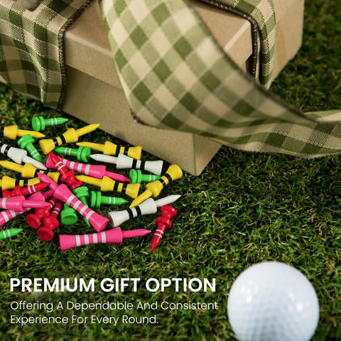 Wood Castle Golf Tees Set Mixed Colors, Step Down Training Tees in gift box on grass, high visibility, 100 pack for men and women.