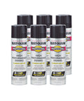 Six cans of Heavy Duty Gloss Black Spray Paint For Rust Proof Metal Wood Vinyl With Badass Durability And Super Smooth Dope Finish Providing No Cap Weather Protection Without Flaking Off.