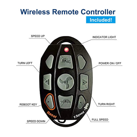 Wireless remote controller for Smooth Riding Electric Trolling Motor With 55 Lbs Of Sweet Juice And A Tough 54 Inch Bow Mount Shaft.