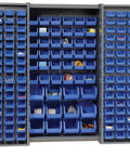 Badass Heavy Duty Deep Door Bin Cabinet Packed With 144 Blue Plastic Sorting Bins For Garage Workspaces Featuring Bulletproof Lock Hasp And Smooth Swing Louvered Panels, showcasing open compartments filled with tools.