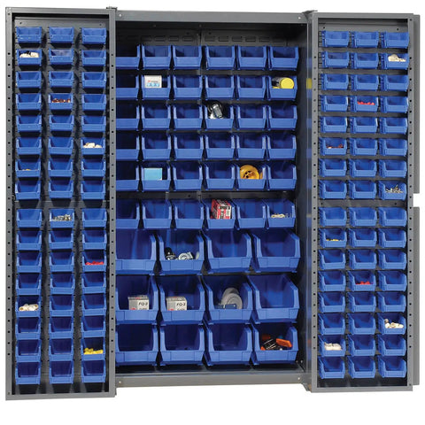 Badass Heavy Duty Deep Door Bin Cabinet Packed With 144 Blue Plastic Sorting Bins For Garage Workspaces Featuring Bulletproof Lock Hasp And Smooth Swing Louvered Panels, showcasing open compartments filled with tools.