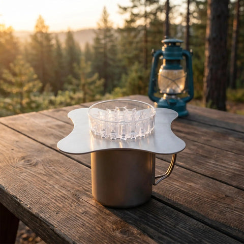 Total Game Changer Metal Coffee Drip Assist Tool And Portable Pour Over Dripper Stand on a wooden table outdoors.