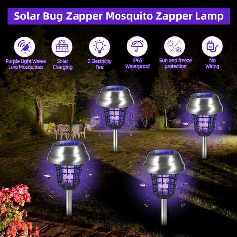 Solar Bug Zapper Outdoor Solar Powered IP66 Waterproof Mosquito Killer And Trap For Backyards Gardens And Farms set in garden at night