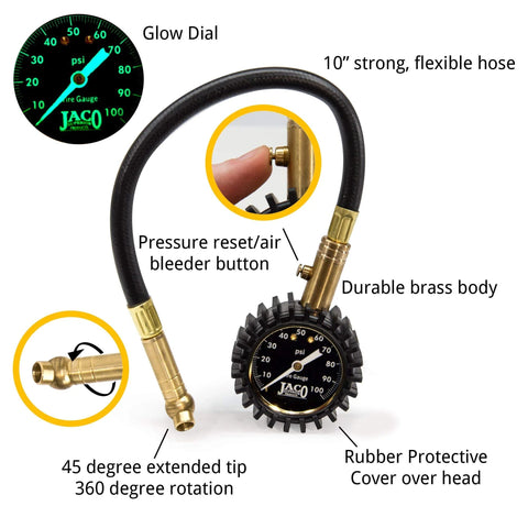 Front view of JACO ElitePro tire pressure gauge with 10-inch hose, brass body and glow dial.