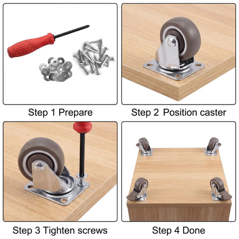 Nailed It 4 Pack Small 1 Inch Tpe Caster Wheels Featuring Rock Solid Plate Mount Design And Smooth Quiet 360 Swivel Action For Furniture Carts And Workbenches You Gonna Love installation guide with tools and steps shown.