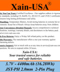 Xain-USA branded information card for 3.7V 4400mAh Li Ion Battery Pack With JST PH 2 Pin Connector