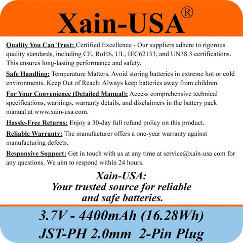 Xain-USA branded information card for 3.7V 4400mAh Li Ion Battery Pack With JST PH 2 Pin Connector