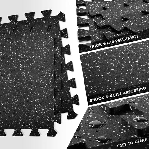 Interlocking Rubber Gym Floor Mats 20 Or 24 Sq Ft Heavy Duty Non Slip Tiles For Home Gym And Garage Protect Floors, black speckled tiles