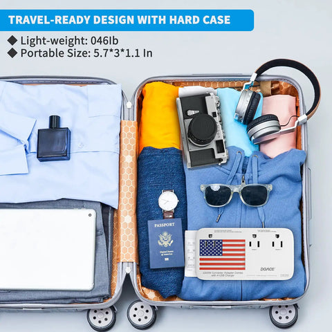 Must Have Ultra Power 2200W 220V to 110V Travel Converter For European Trips with suitcases and travel accessories
