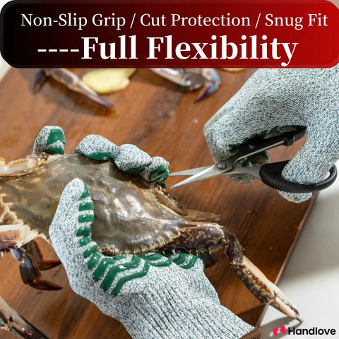 Cut Resistant Gloves With Non Slip Silicone Grip For Real Kitchen Work Including Meat Cutting, Oyster Shucking, Mandoline Slicing And Wood Carving, Washable Green Size Large, Level 5 Protection For Safe, Confident Handling in use with crab.