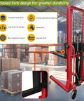 Heavy Duty Manual Pallet Stacker Featuring A No Sweat 2200 Pound Hydraulic Lift And Sixty Three Inch Rise for safe material handling.