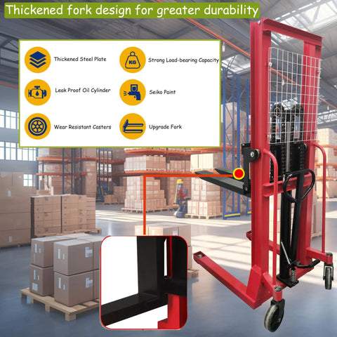 Heavy Duty Manual Pallet Stacker Featuring A No Sweat 2200 Pound Hydraulic Lift And Sixty Three Inch Rise for safe material handling.