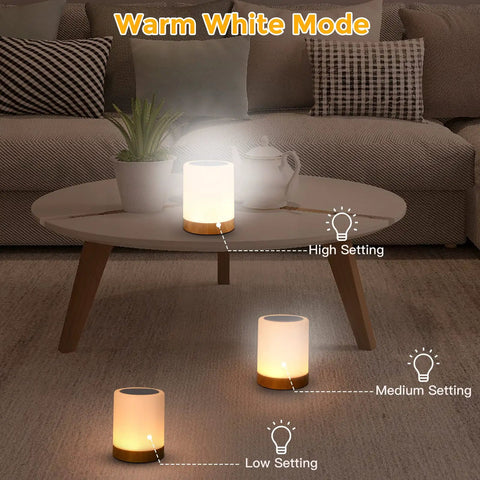 Go-To Night Light Touch Lamp With Built In Battery RGB LED Desk And Bedside Lamp on table, warm white mode settings shown