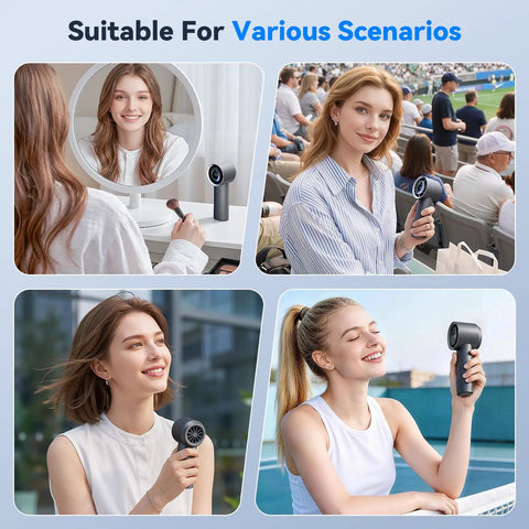 Various uses of Turbo Handheld Fan With 100 Speed HD Digital Display Real Time Wind Gear And Battery Percentage Shows Your Power Level On The Fly Powerful 13500 RPM Brushless Motor Delivers Strong Turbo Airflow In A Compact Portable Design