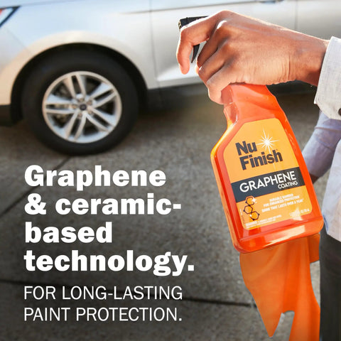 Person holding Nu Finish Graphene Coating spray in front of car, part of Two Piece Exterior Car Finishing Kit With Scratch Doctor Car Scratch Remover And Graphene Coating Spray For A Showroom Shine Easy Two Step Quick Process Delivers Dramatic Results That Last And Keeps Your Ride Protected