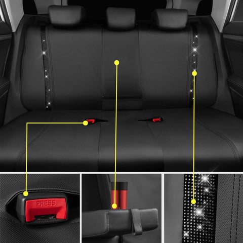 Rear view of PU Leather Bling Diamond Car Seat Covers Full Set Waterproof Durable With Rear Zipper Universal Fit for women.
