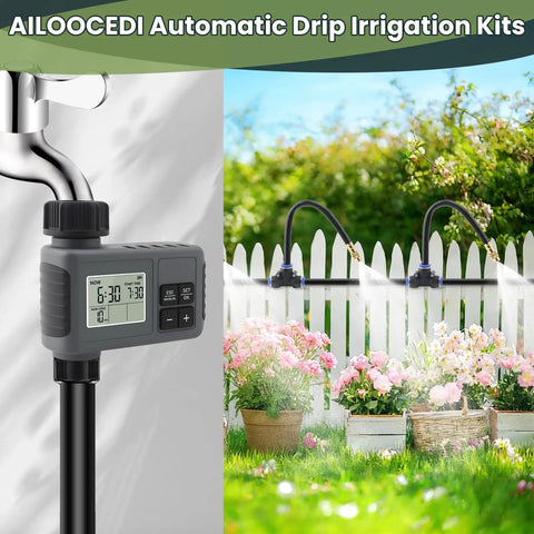 100FT Automatic Drip Irrigation Kit With Water Timer And 360 Degree Bendable Copper Atomizing Nozzles in garden setting