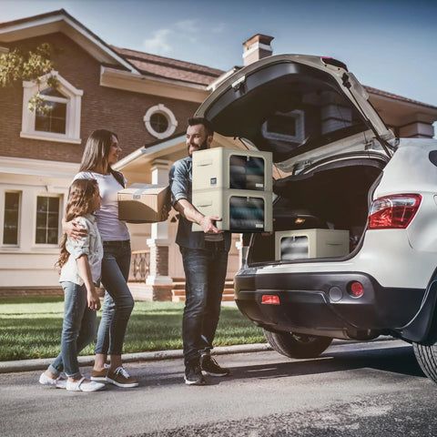 Family using Beige Stackable Storage Bins With Metal Frame For Closet Organization, loading them into car trunk