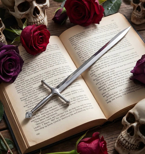 Dope Vintage Sword Letter Opener With Silver Finish And Ergonomic Grip on open book among roses and skull decor