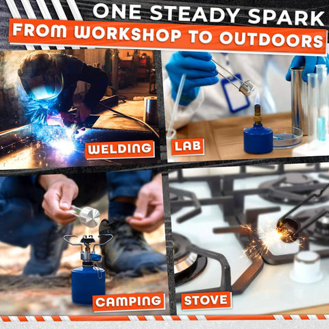 Collage of welding, laboratory, camping, and stove igniting with 25 Pcs Striker Flint Replacements For Grills Stoves And Torches.