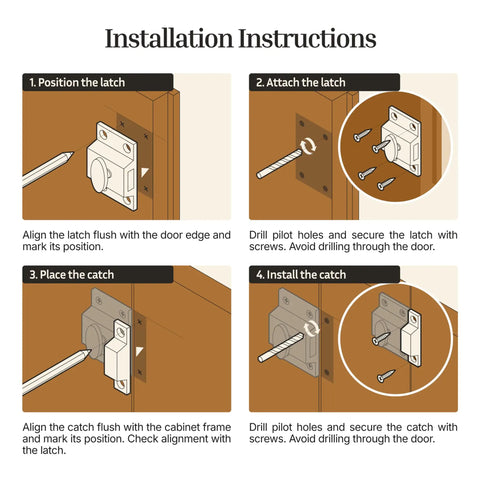 Installation instructions for Old-School Vintage Brass Cabinet Door Latch Set with Spring-Loaded Cupboard Latch and Oval Turn, 1 7/8 Inch.