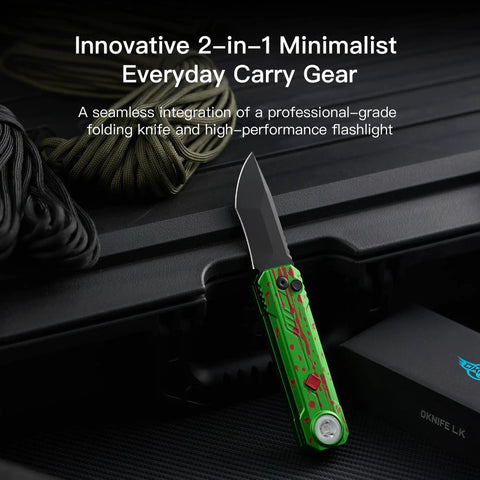 EDC Folding Pocket Knife With Rechargeable Flashlight 2 In 1 Button Lock D2 Steel Blade 400 Lumen White And RGB Light