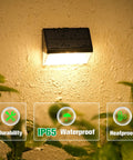8 Pack Solar Fence Lights Outdoor For Fence And Patio RGB Color Changing LED Lights With 7 Colors Plus Warm White Four Modes Solar Powered Pathway Deck Yard Lighting Easy Install Weather Resistant shown lit on wall, highlighting IP65 waterproof, durability, and heatproof features.