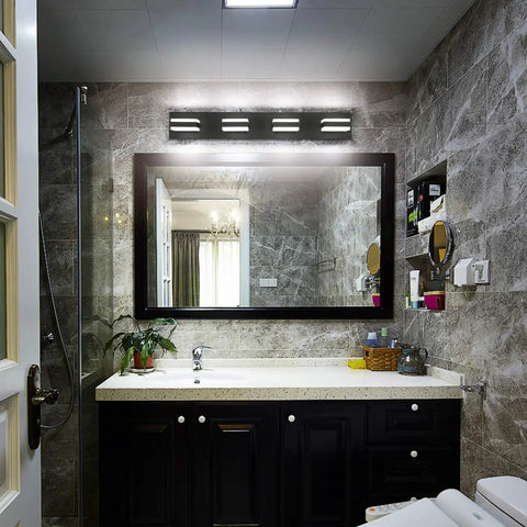 Modern bathroom with Matte Black 4 Light Bathroom Vanity Light Fixture With LED Dimmable Bulbs, over wide mirror