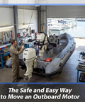 Outboard Motor Hoist Harness Set For 2-30 HP Engines Beefy Lift Straps With Durable Polyester Webbing being used on boat