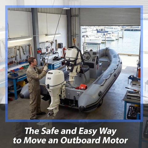 Outboard Motor Hoist Harness Set For 2-30 HP Engines Beefy Lift Straps With Durable Polyester Webbing being used on boat