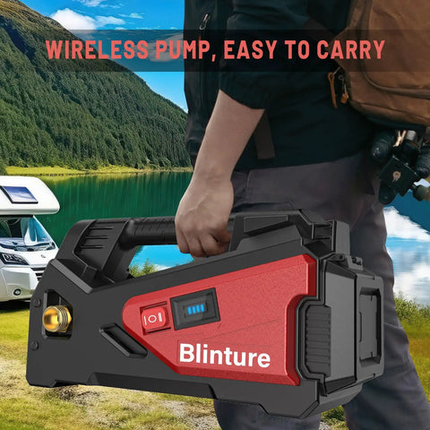 Person holding Battery Operated Transfer Pump 300GPH Cordless Water Pump for RV and Boat, outdoors, portable design.
