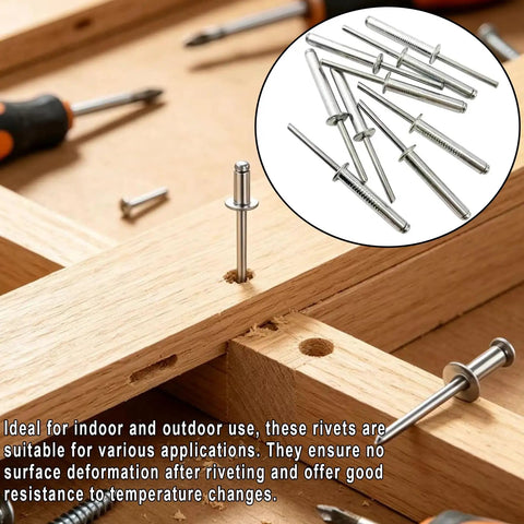 Bulk 100 Piece Aluminum Blind Rivets Kit With Closed End Pop Rivets, rust resistant, used in wooden joinery project