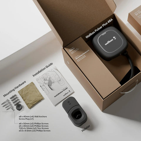 Premium Wall Mounted Level 2 Ev Charger Delivering 48 Amps with installation guide and mounting hardware in box