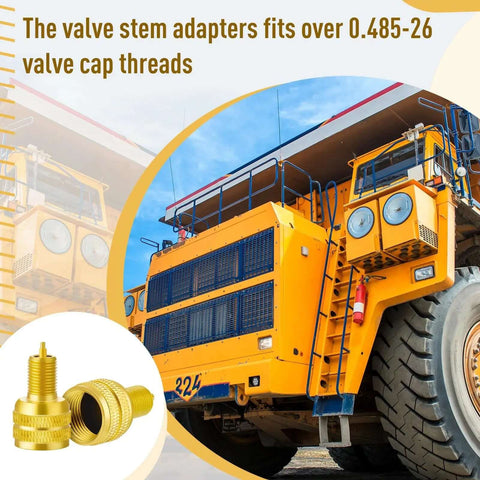 20 Pcs Large Bore Tire Valve Adapters Brass 22mm External Stem Reducers Connectors in Gold shown with heavy duty truck