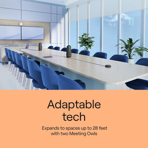 Boss Level 360 Degree 4K Smart Video Conference Camera set up in a modern boardroom with blue chairs and greenery.