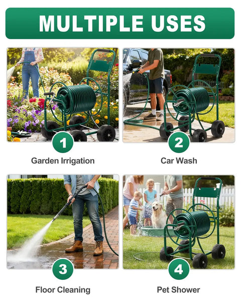 Heavy Duty Garden Hose Reel Cart With Four PU Wheels And Storage Basket Holds Up To 300 Ft Of 5/8 Inch Hose for multiple uses