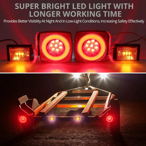 Submersible LED Trailer Light Kit With 26 Foot Wiring Harness And 2 Side Marker Lights Reflective Stickers lit on trailer