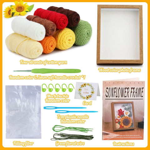 Complete Sunflower Crochet Kit With Photo Frame Easy Diy Fun Flower Craft Set With Yarn Hooks Stitch Markers and More