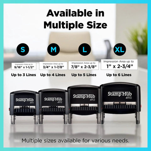 Image showing multiple sizes of "Self Inking Custom Stamp With Up To 6 Lines, Personalize Return Address Or Office Name, Easy Ink Cartridge Swap"