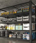 Heavy Duty Garage Shelving Unit With Adjustable 84 Inch Tall Metal Racks For Shop Warehouse Basement Industrial Storage Shelves That Split Into Two Units, filled with tools and bins