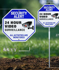 24 Hour Video Surveillance Sign With Stake Keeps Watch Easy To See Day Or Night Aluminum Security Sign With 27 Inch Stake Weatherproof Reflective in yard