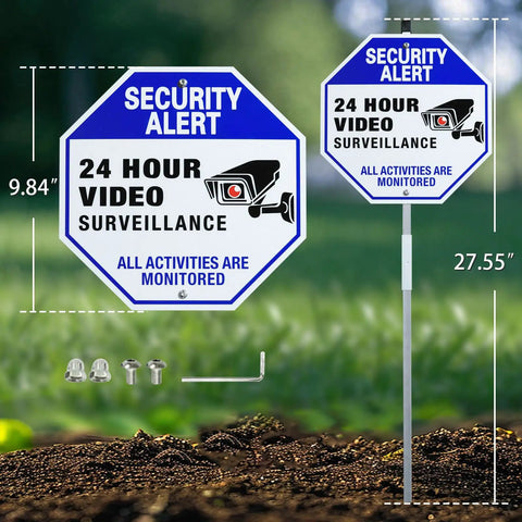 24 Hour Video Surveillance Sign With Stake Keeps Watch Easy To See Day Or Night Aluminum Security Sign With 27 Inch Stake Weatherproof Reflective in yard