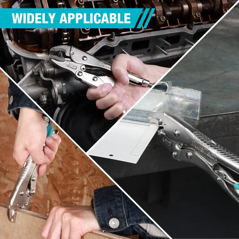 7 Inch Locking Pliers With Curved Jaw And Wire Cutter, Premium Cr-V Steel in various applications, including clamping and twisting.