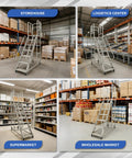 Badass Heavy Duty Seven Step Rolling Ladder With Reinforced Steel Handrails And Easy Glide Wheels For Warehouse Garage Storage Access 1500 LB Capacity Non Slip Platform in a storehouse.
