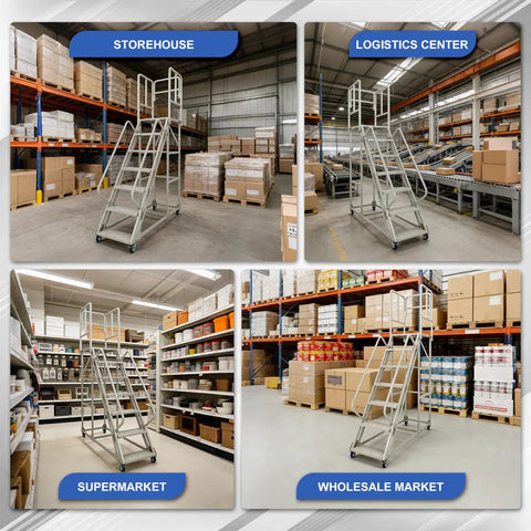 Badass Heavy Duty Seven Step Rolling Ladder With Reinforced Steel Handrails And Easy Glide Wheels For Warehouse Garage Storage Access 1500 LB Capacity Non Slip Platform in a storehouse.