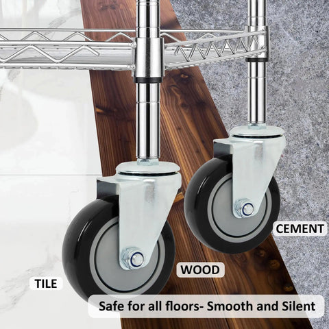 Heavy Duty 4 Inch Polyurethane Swivel Caster Wheels Set Of 4 Threaded Stem Black Industrial Cart Castors on wooden and cement floors.